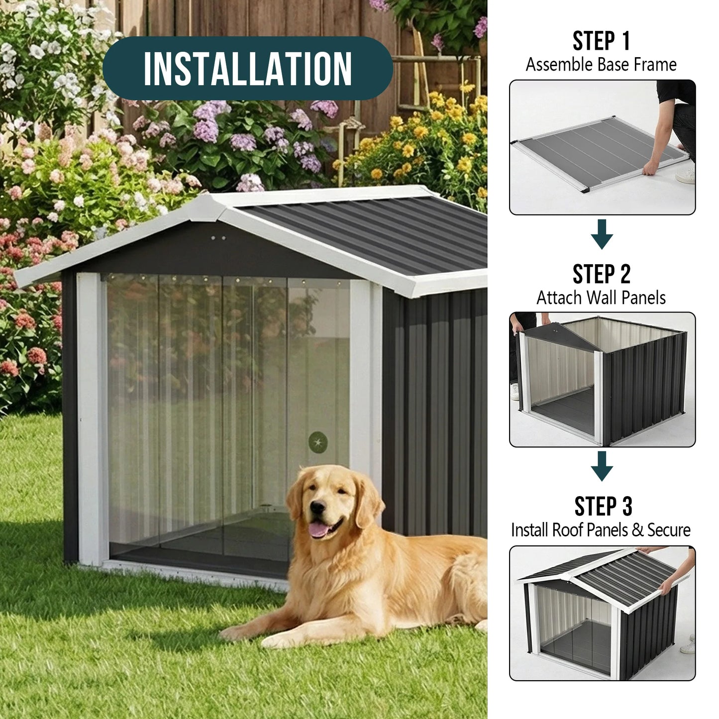 39.7x35.8x33.3 in 2 in 1 Metal Dog House Storage Shed Waterproof Shelter PVC Curtain Vent for Med Large Dogs Multi Pets Garden Yard
