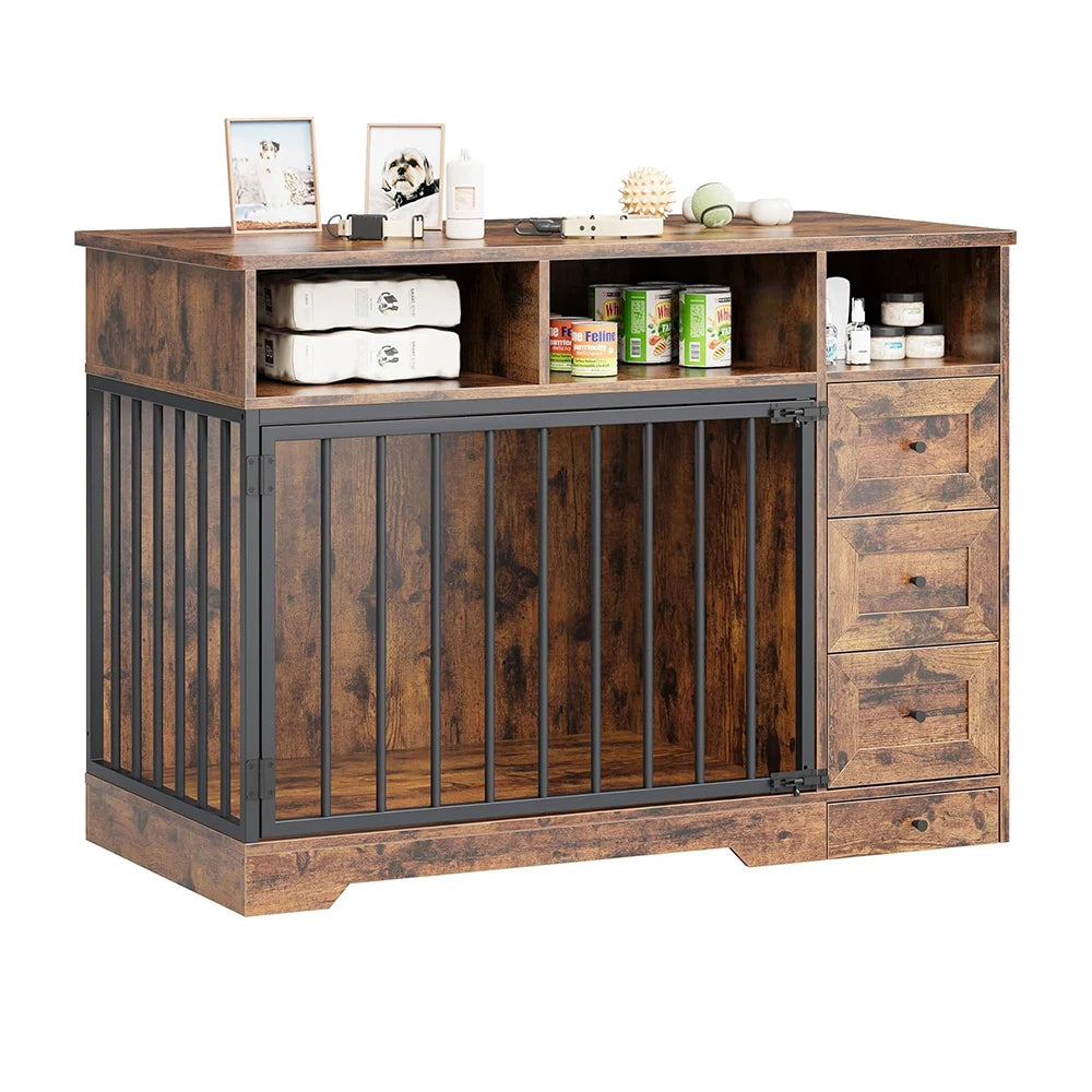 HiMISS Farmhouse Dog Crate Furniture Kennel Table With Drawers