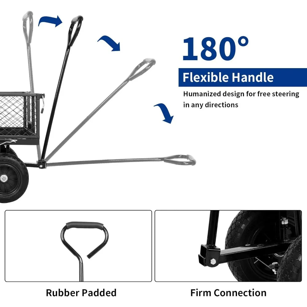 BILT HARD 400 lbs 10" Flat Free Tires Steel Garden Cart with 180° Rotating Handle and Removable Sides, 4 Cu.Ft Capacity Utility