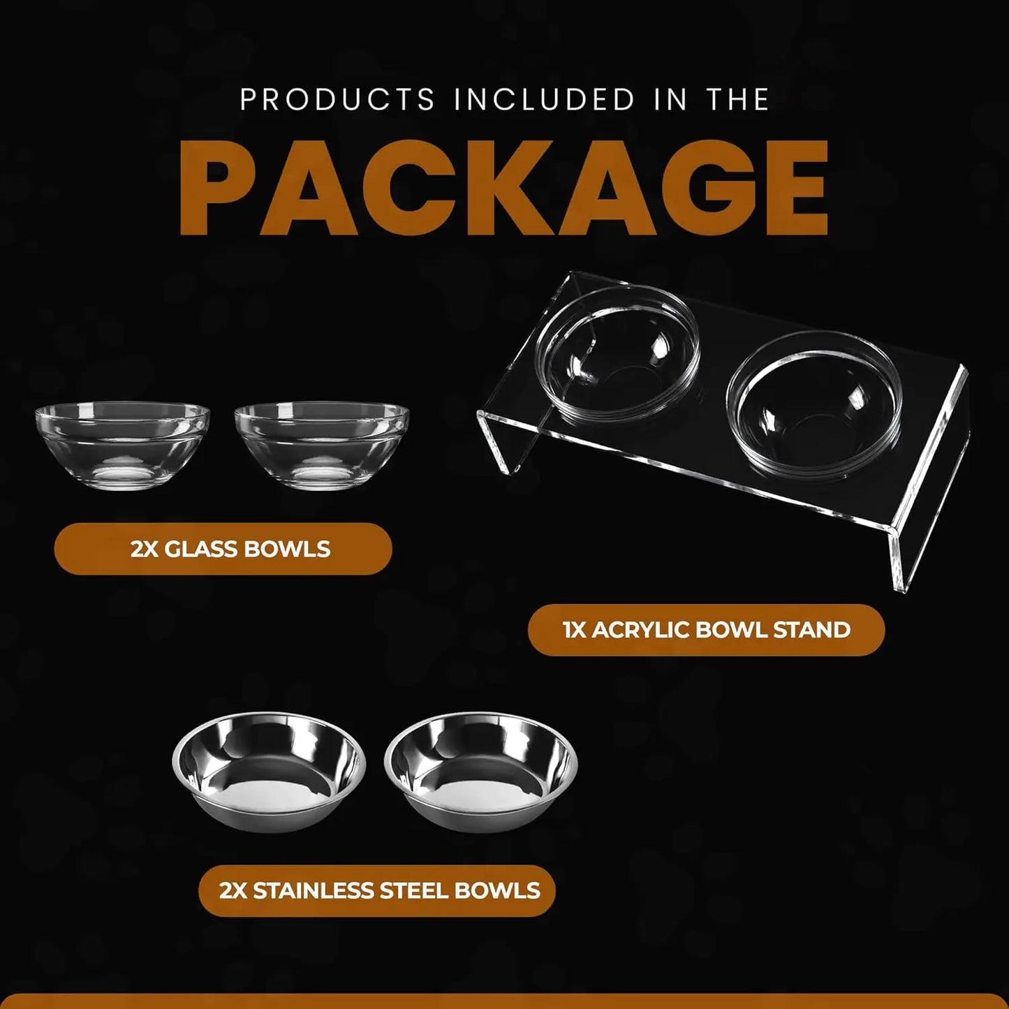 Acrylic Elevated Dog Cat Bowls Pet Feeder Double Bowl Raised Stand Comes with 2 Removable Glass Bowls and 2 Stainless Steel Bowls.Perfect for Large Dogs, 7.2" Tall
