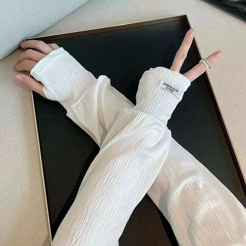 Summer Loose Ice Silk Long Sleeve Sun Protection Fingerless Gloves Elegant Breathable Sunscreen Mittens Women Clothes Accessory