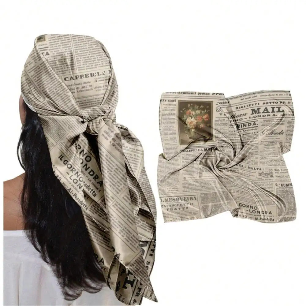 1pcs Square Scarf Retro Newspaper Print Headscarf Women Casual Fashion Headscarf Square Scarfs Beach Vacations Neck Scarf Shawl