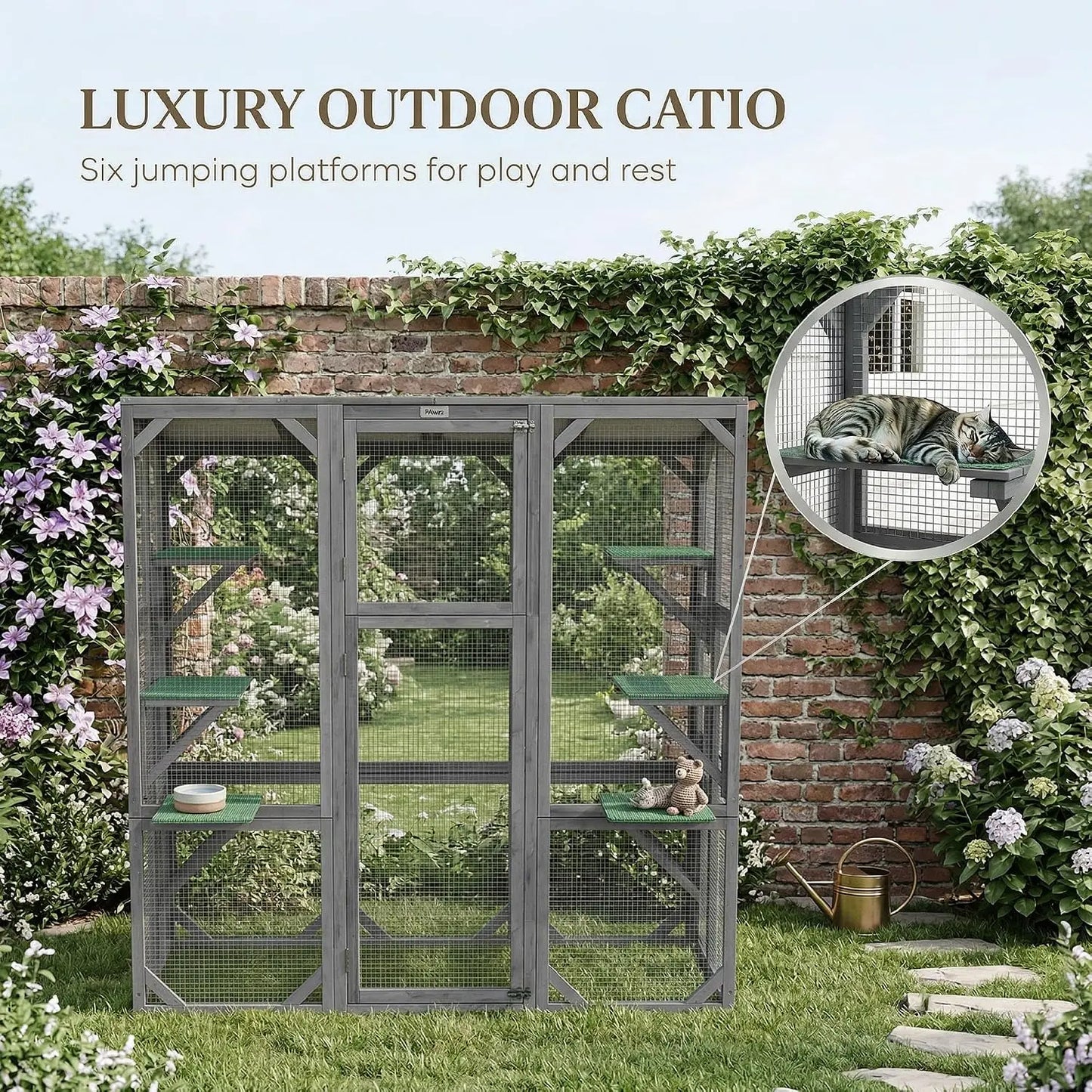 Catio Outdoor Cat Enclosure, Large Wooden Cat House with 6 Jumping Platforms, Weatherproof Roof, Outdoor Cat Cage Cat, Custom