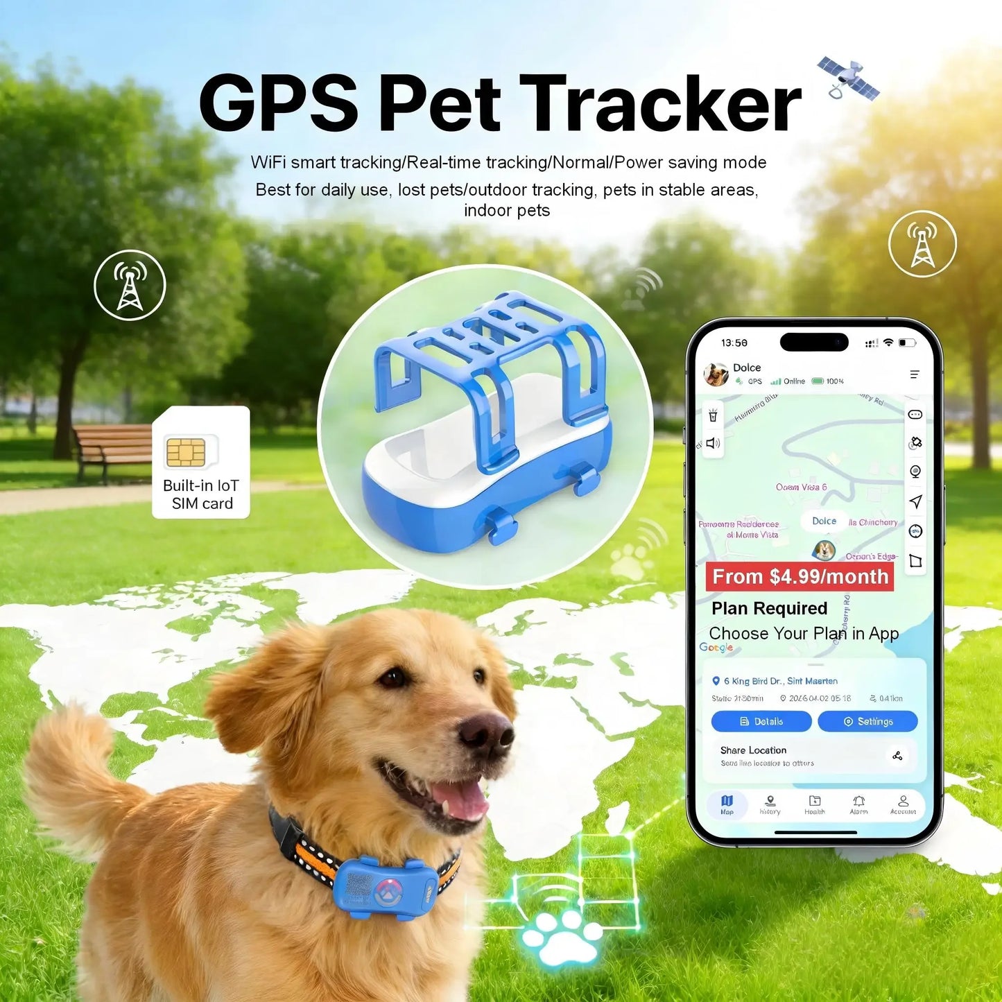 WANWAYTECH GPS Pet Tracker 4G Real-Time Tracking