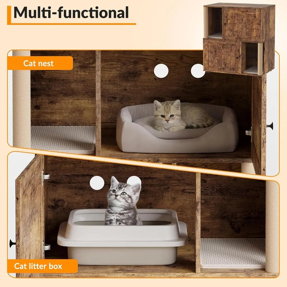 Dual Compartment Litter Box Cabinet with Odor Control for Multiple Cats, Scratch-Resistant, Compact Design