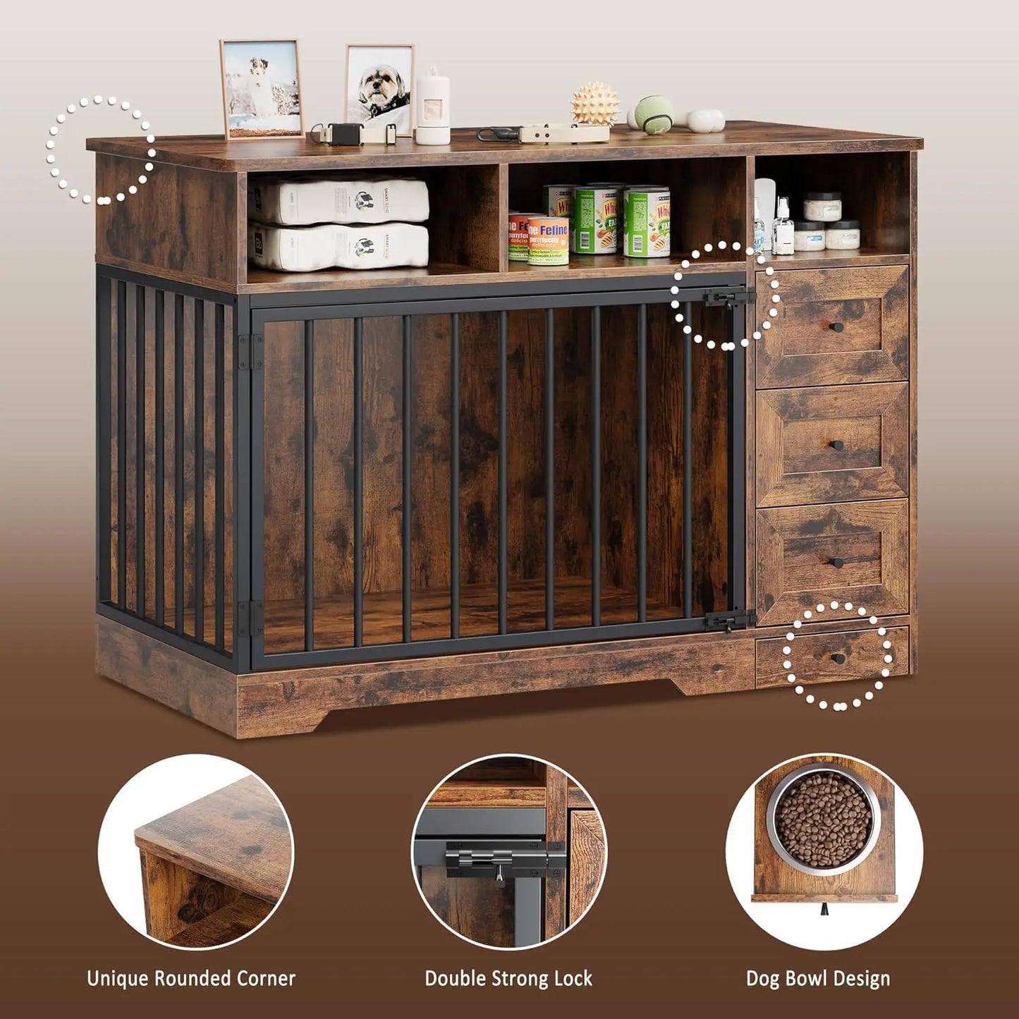 HiMISS Farmhouse Dog Crate Furniture Kennel Table With Drawers