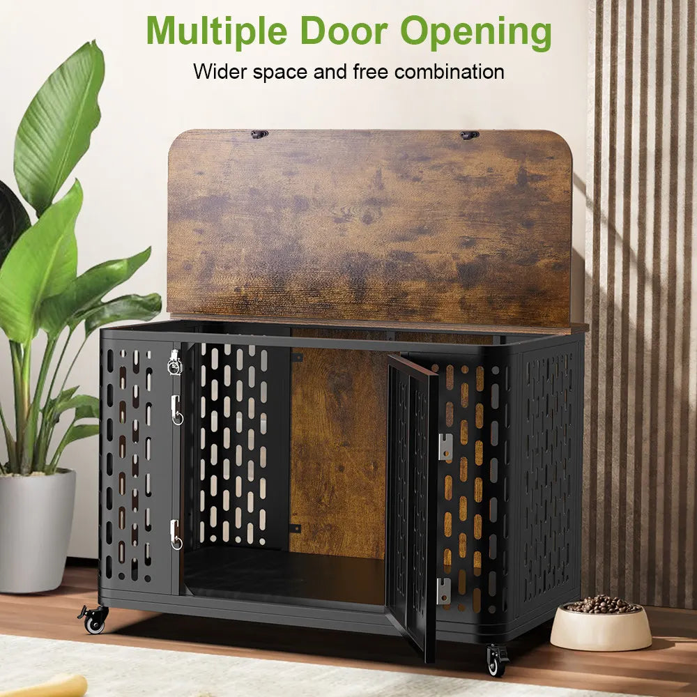 ONBRILL Wood Dog Kennel Crate With Cushion And Wheels