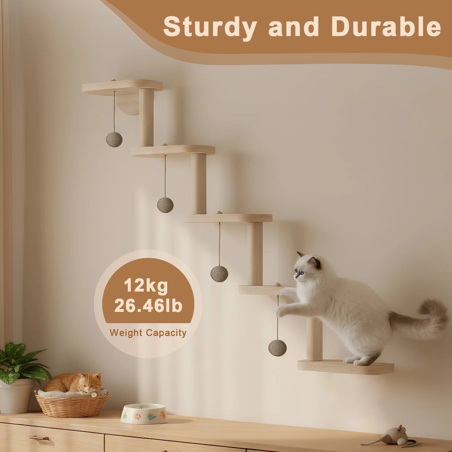 Wooden Cat Climbing Frame Wall Mounted Five-Step Ladder Shelf