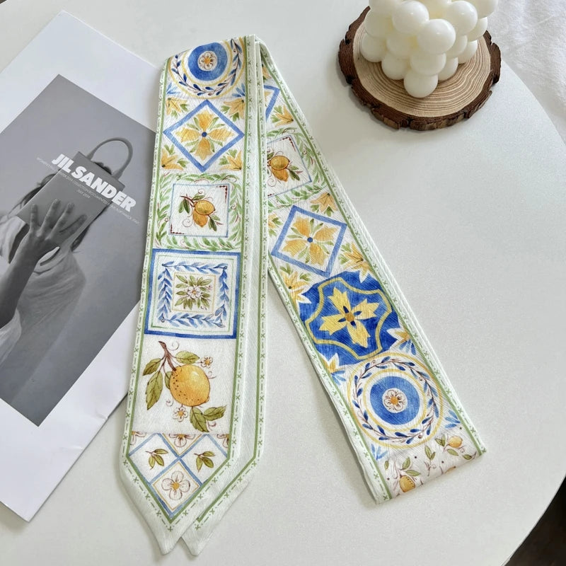 Fashion Floret Printed Hairband Silk Satin Bag Scarf For Women Skinny Long Wrist Ribbon Neck Scarves Hair Scarfs For Women