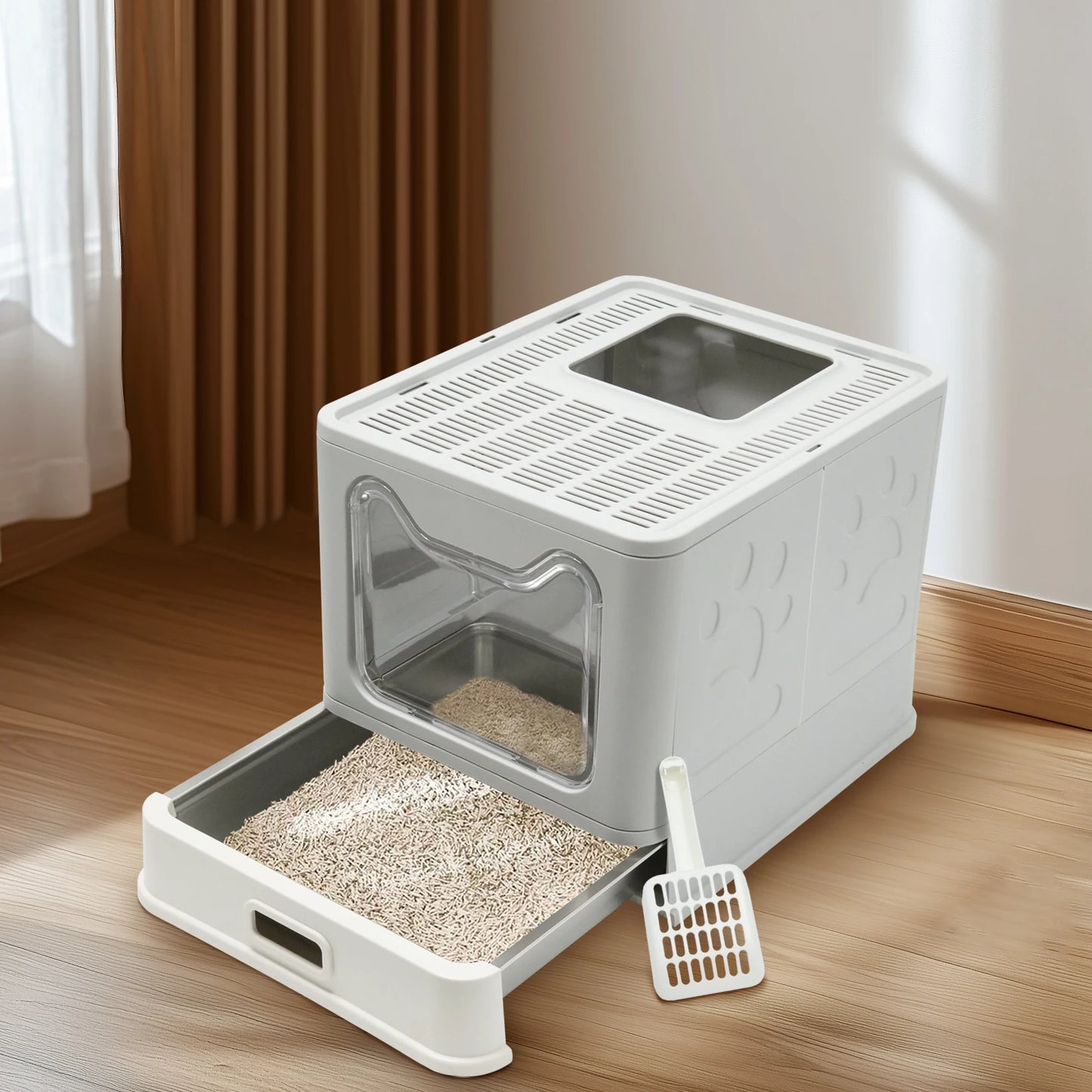 Large Enclosed Cat Litter Box With Lid And Scoop Stainless Steel