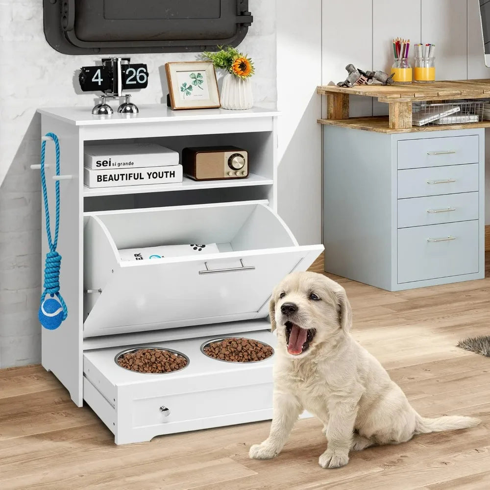 Pet Feeder Station With Double Pull-Out Bowls Dog Food Storage Cabinet