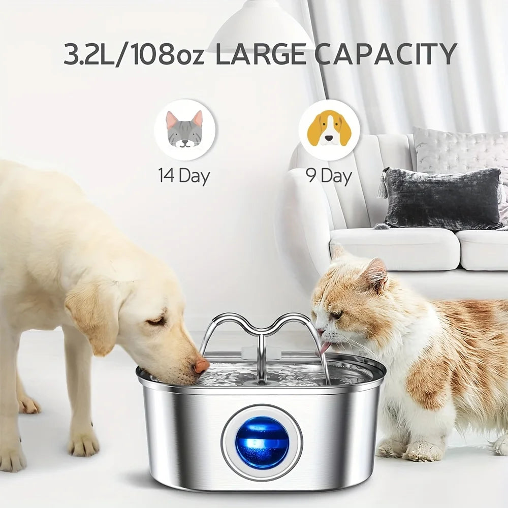 3.2L Stainless Steel Cat Water Fountain with Water Level Window, continuously circulates flowing water, perfect for pets.