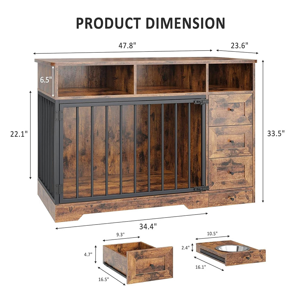 HiMISS Farmhouse Dog Crate Furniture Kennel Table With Drawers