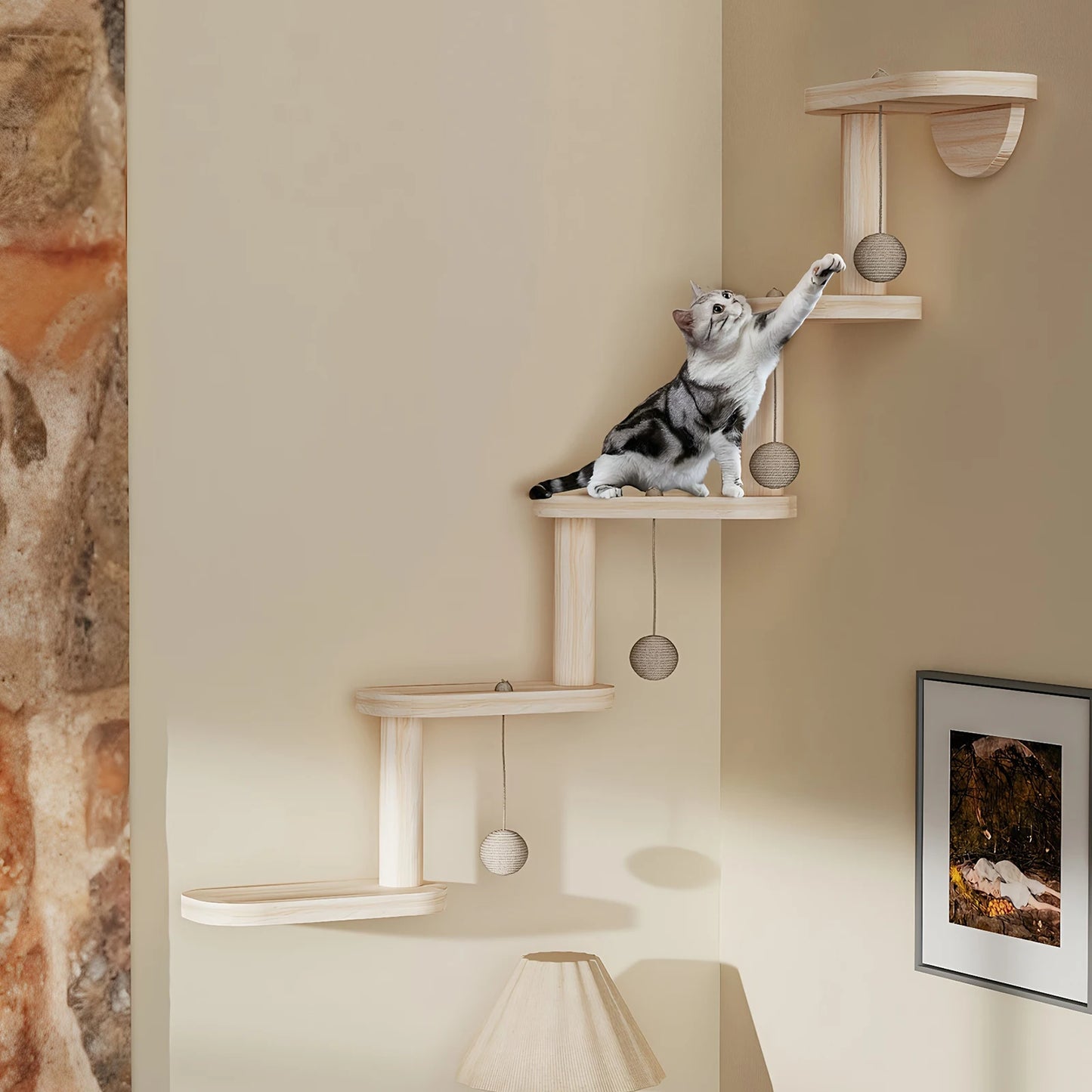 Wooden Cat Climbing Frame Wall Mounted Five-Step Ladder Shelf