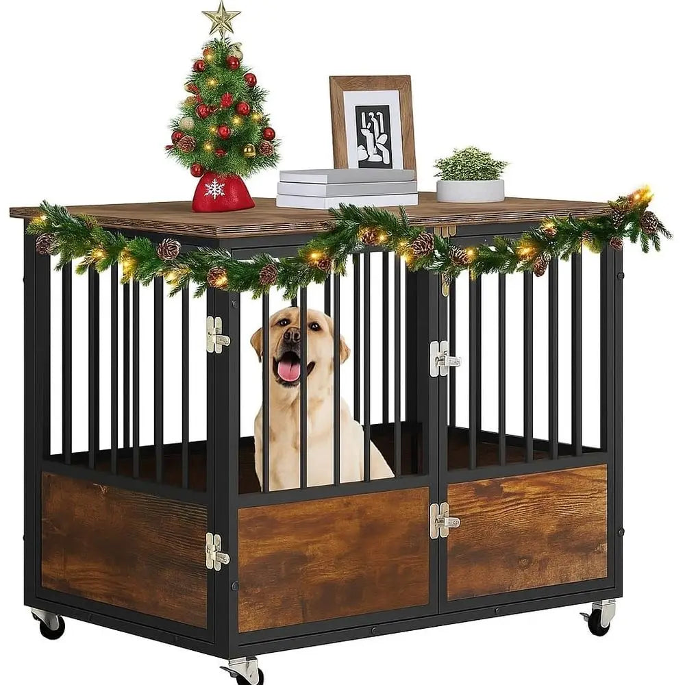 Rustic Heavy Duty Dog Crate With Wheels For Indoor Use
