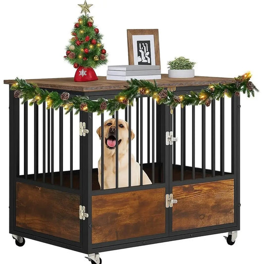 Rustic Heavy Duty Dog Crate With Wheels For Indoor Use