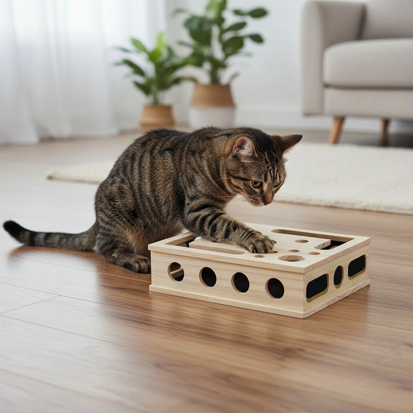 VKTECH Interactive Wooden Cat Puzzle Toy With Balls Enrichment Box
