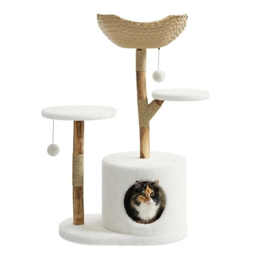 43 Inch Wooden Cat Tree Tower with Rattan, Large Cat Climbing Furniture, Multi-Level Activity Center with Perches, Sturdy Indoor Pet Furniture for Cats, Floor Mount