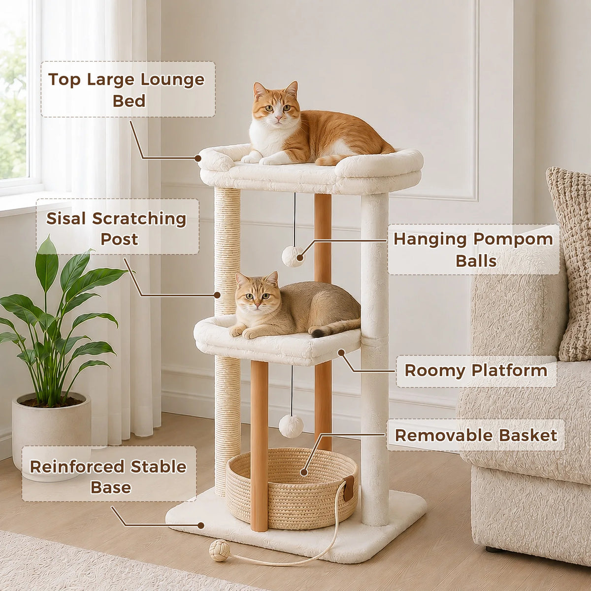Modern Cat Tree for Indoor Cats Wood Cat Tower with Removable Bed Sisal Scratching Posts and Solid Wood Posts 2 Large Platforms Cat Bed Cat Toys