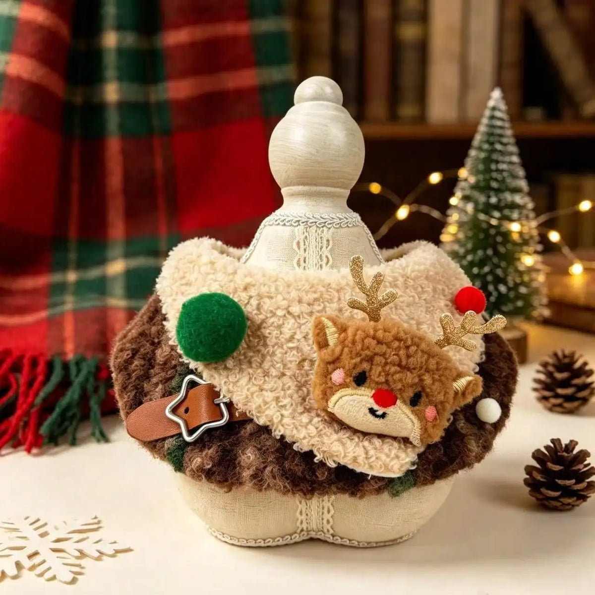 Christmas Pet Collar Bib, Fuzzy Plush Pet Neckwear With Cute Reindeer Applique, Pom‑Pom Decor And Star Buckle, Adjustable Xmas Holiday Costume Accessory For Cats Small Dogs, For Christmas Party, Family Gathering And Festive
