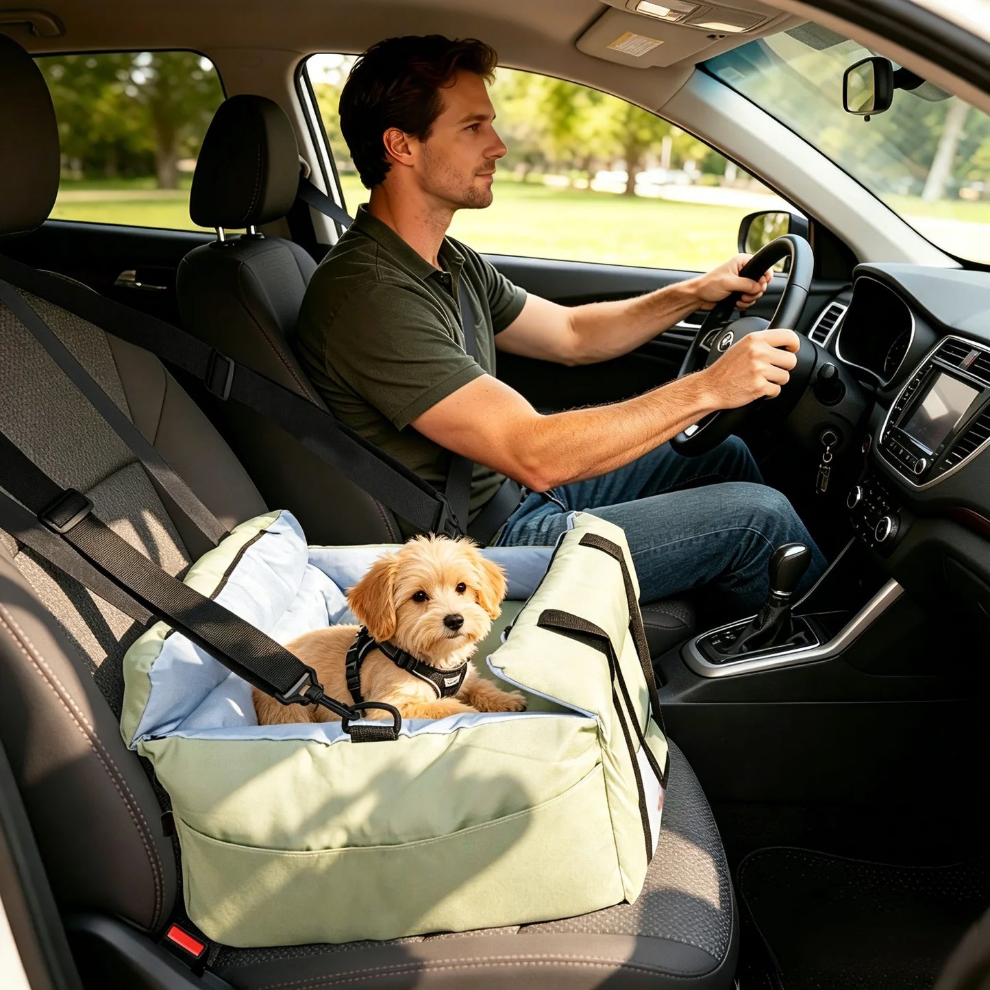Dog Car Seat for Small Dogs Soft Pet Car Travel Carrier Bed w/ Safety Belt and Storage Pocket Cat Booster Carseats up to 22 lbs