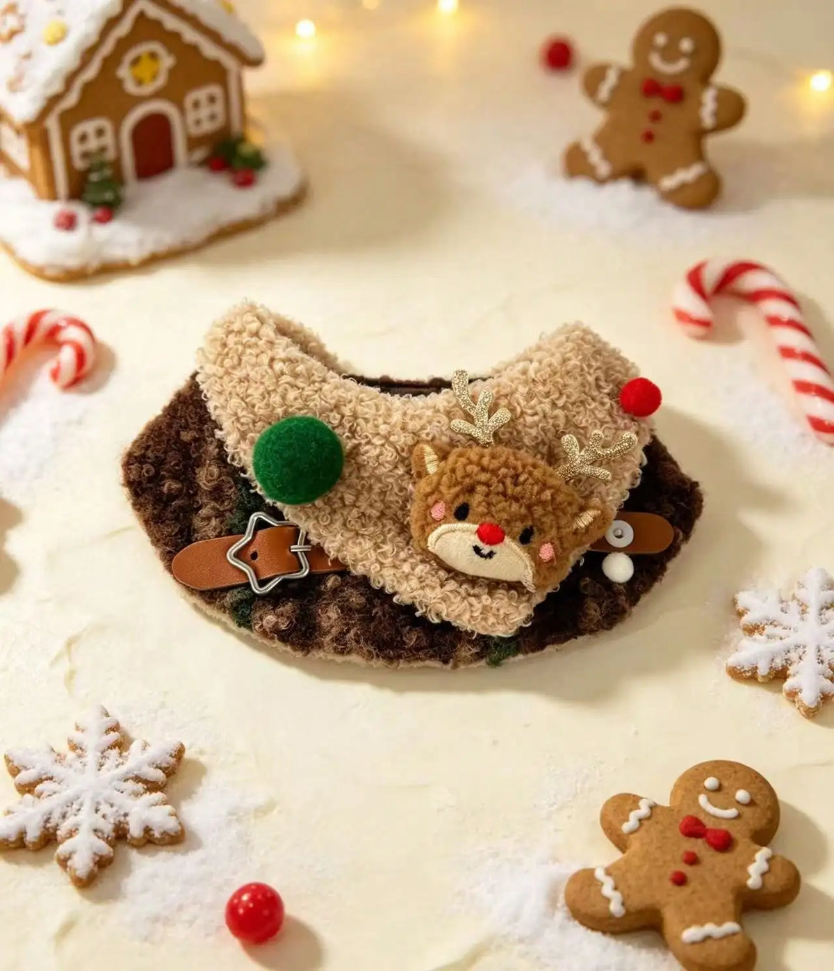 Christmas Pet Collar Bib, Fuzzy Plush Pet Neckwear With Cute Reindeer Applique, Pom‑Pom Decor And Star Buckle, Adjustable Xmas Holiday Costume Accessory For Cats Small Dogs, For Christmas Party, Family Gathering And Festive