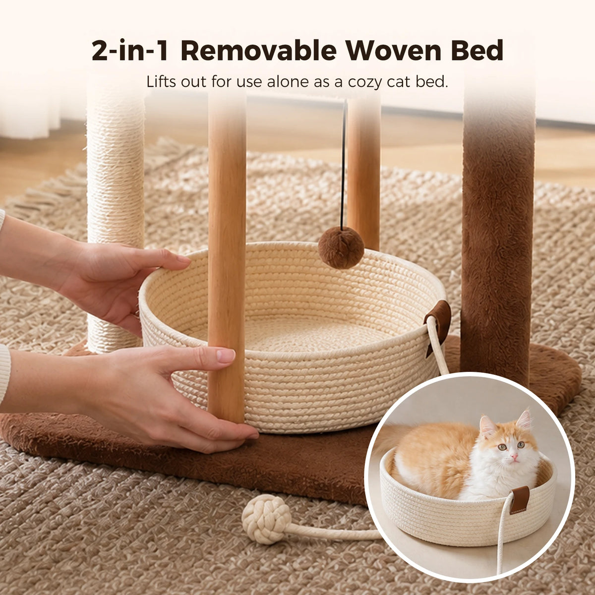 Modern Cat Tree for Indoor Cats Wood Cat Tower with Removable Bed Sisal Scratching Posts and Solid Wood Posts 2 Large Platforms Cat Bed Cat Toys