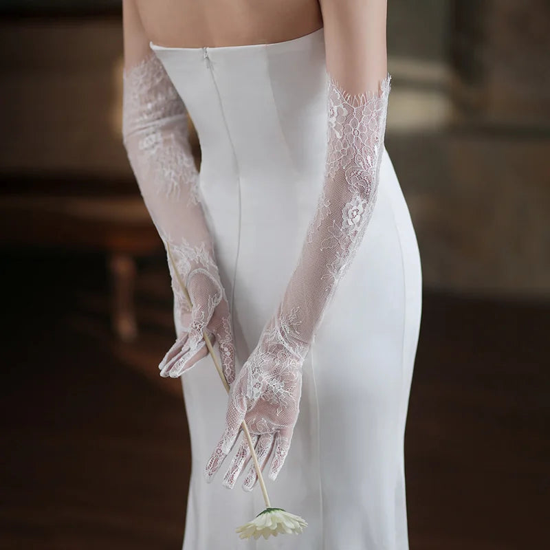 Women Sexy Thin Lace Flower White Black Long Gloves Transparent Mesh Eyelash Tulle Bridal Wedding Party Dress Accessories