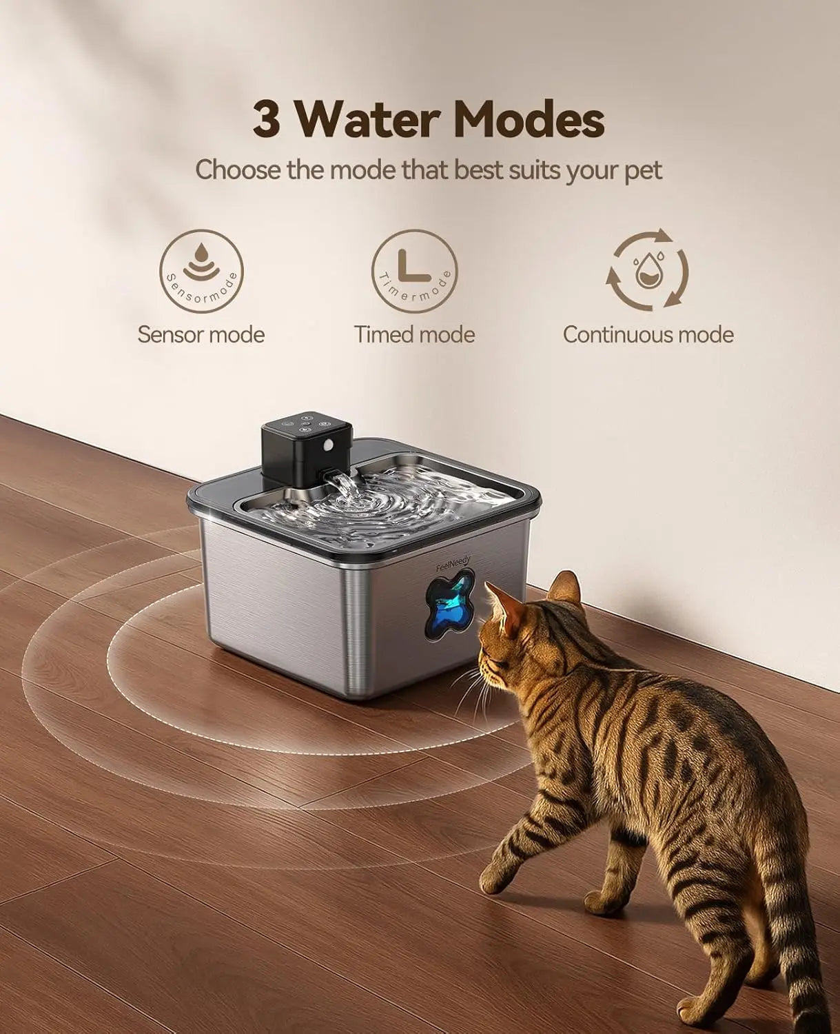 For Cats and Dogs Drinking, Stainless Steel Wireless Water Fountain, 3.2L, 4000mAh Battery Operated, with Sensor and 6 Filters