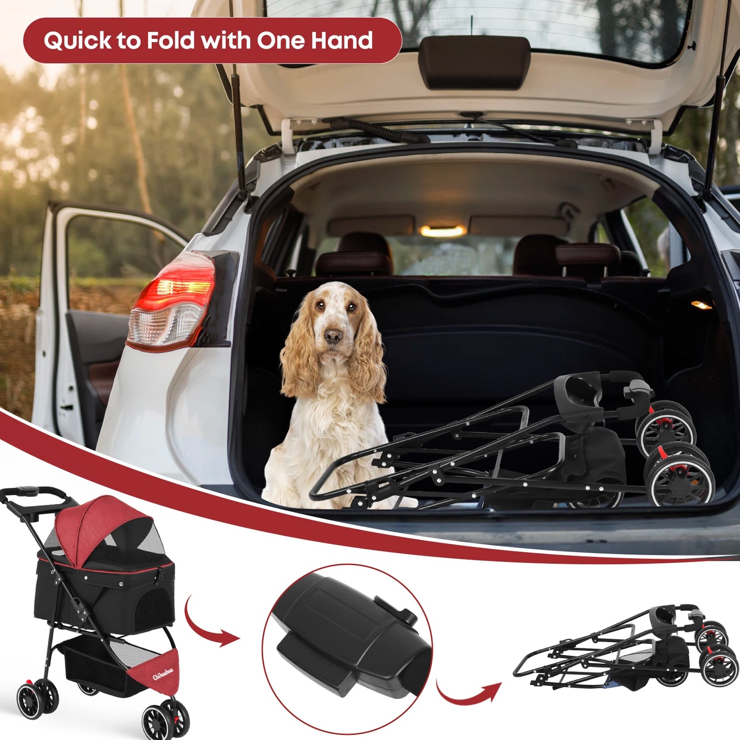 Chihuahua Pet Stroller for Cats and Dogs Foldable Three Wheel