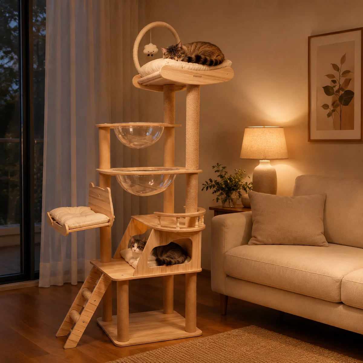 Multi-Level Cat Tree with Acrylic Pods & Sisal Posts – 74.8in Tall Cat Climbing Tower for Indoor Cats, Features Cozy Hideaway Condo, Padded Lounging Deck & Premium Top Perch