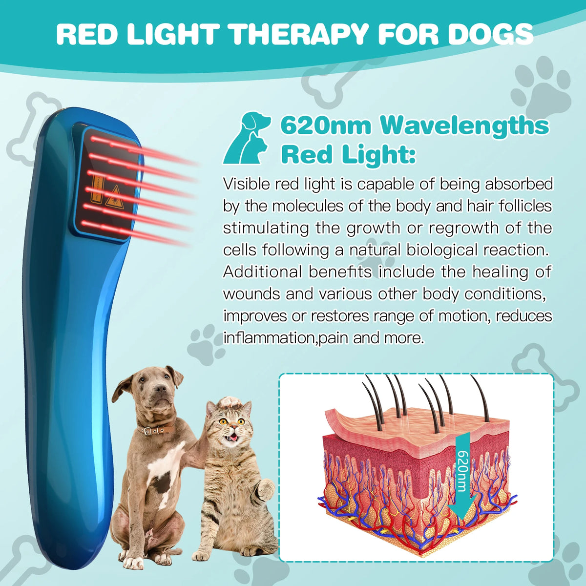 Pet Red Light Therapy Device for Dogs Cats Cold Laser Pain Relief Machine 18 Diodes 620nm Wavelength Veterinary Infrared Joint Muscle Rehabilitation Wand Portable Healing Massager Home Pet Care Supplies