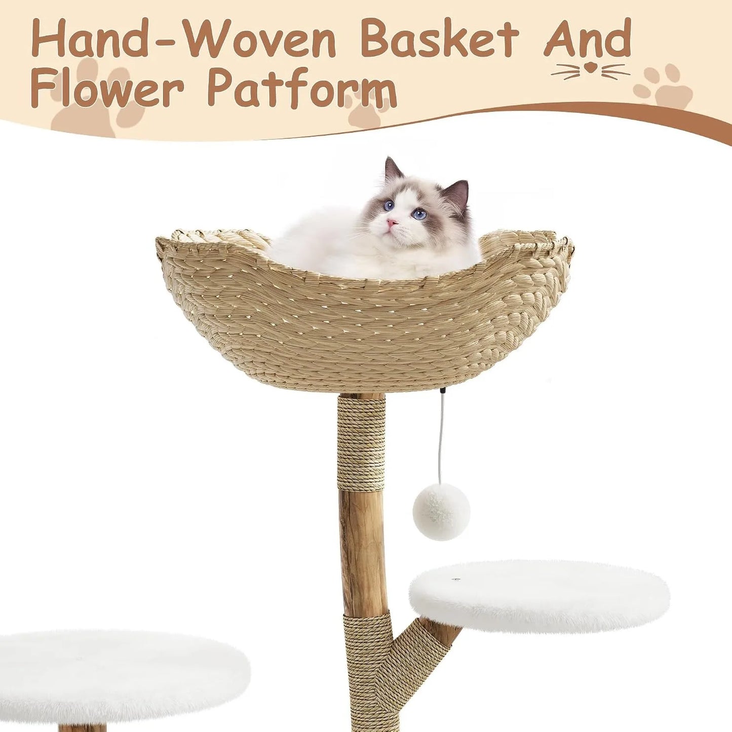 43 Inch Wooden Cat Tree Tower with Rattan, Large Cat Climbing Furniture, Multi-Level Activity Center with Perches, Sturdy Indoor Pet Furniture for Cats, Floor Mount