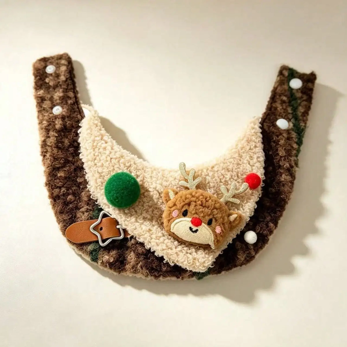 Christmas Pet Collar Bib, Fuzzy Plush Pet Neckwear With Cute Reindeer Applique, Pom‑Pom Decor And Star Buckle, Adjustable Xmas Holiday Costume Accessory For Cats Small Dogs, For Christmas Party, Family Gathering And Festive