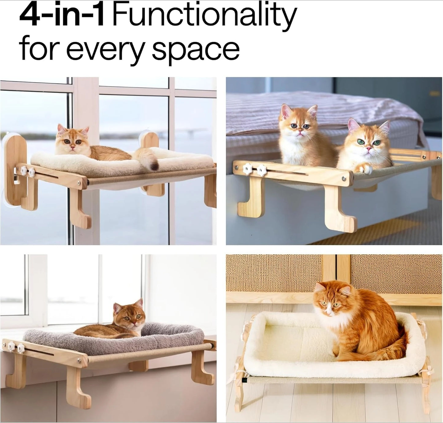 Cat Window Perch for Large Cats – Heavy Duty Foldable Hammock Bed – 4-in-1 Ledge for Cats & Small Dogs – Cozy Elevated Seat