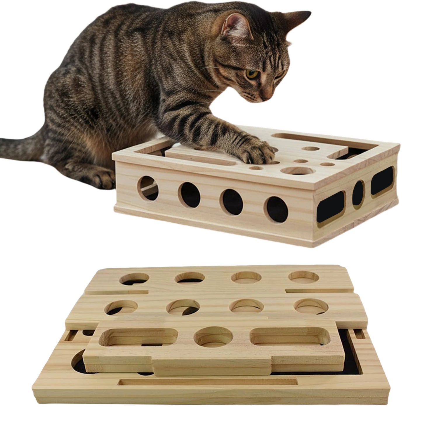 VKTECH Interactive Wooden Cat Puzzle Toy With Balls Enrichment Box