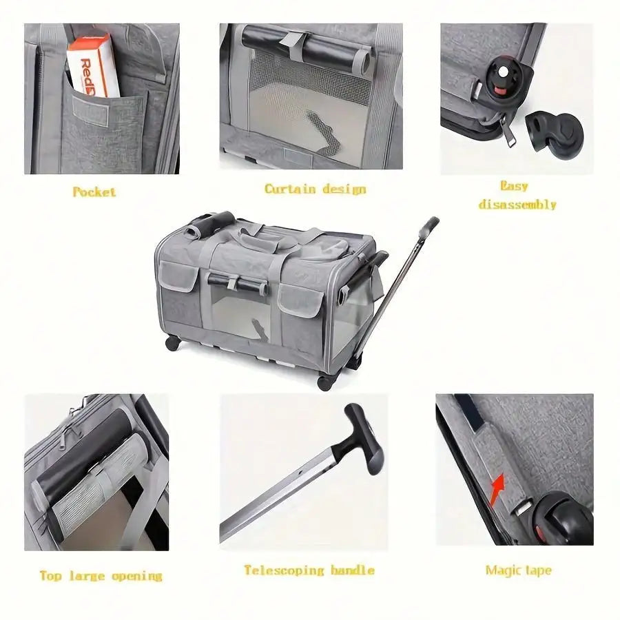 Airline Compliant Rolling Cat Dog Carrier Detachable Wheels Adjustable Telescopic Handle Travel Bag