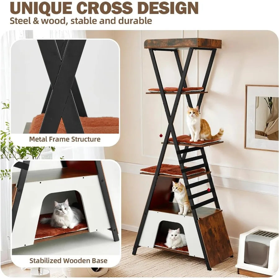 Modern Cat Tree With Sisal Scratching Board And Cozy Caves