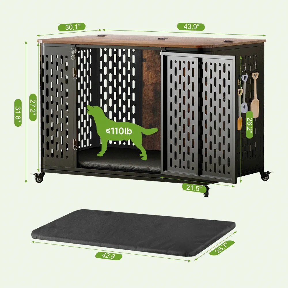 ONBRILL Wood Dog Kennel Crate With Cushion And Wheels