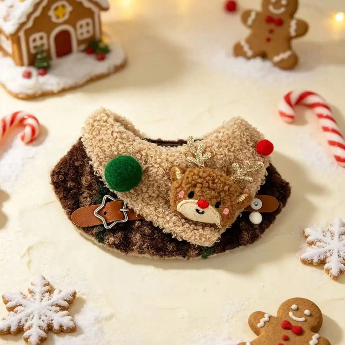 Christmas Pet Collar Bib, Fuzzy Plush Pet Neckwear With Cute Reindeer Applique, Pom‑Pom Decor And Star Buckle, Adjustable Xmas Holiday Costume Accessory For Cats Small Dogs, For Christmas Party, Family Gathering And Festive
