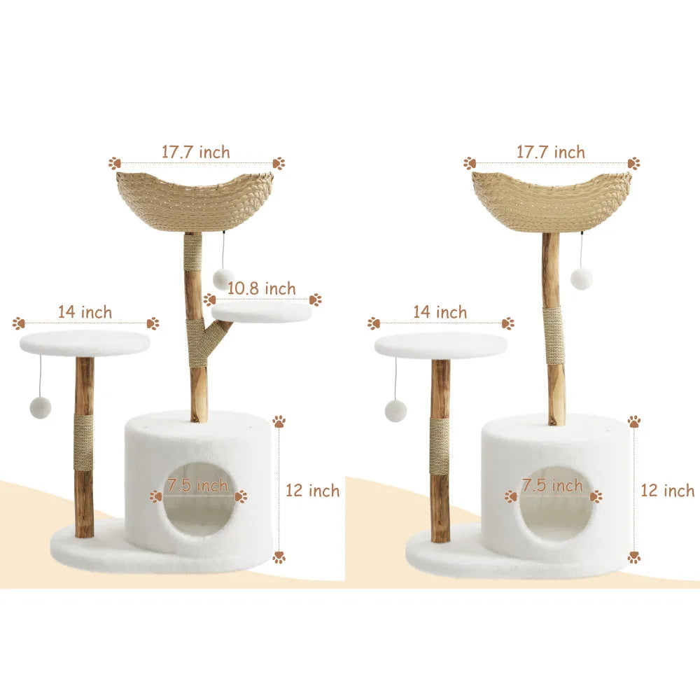 43 Inch Wooden Cat Tree Tower with Rattan, Large Cat Climbing Furniture, Multi-Level Activity Center with Perches, Sturdy Indoor Pet Furniture for Cats, Floor Mount