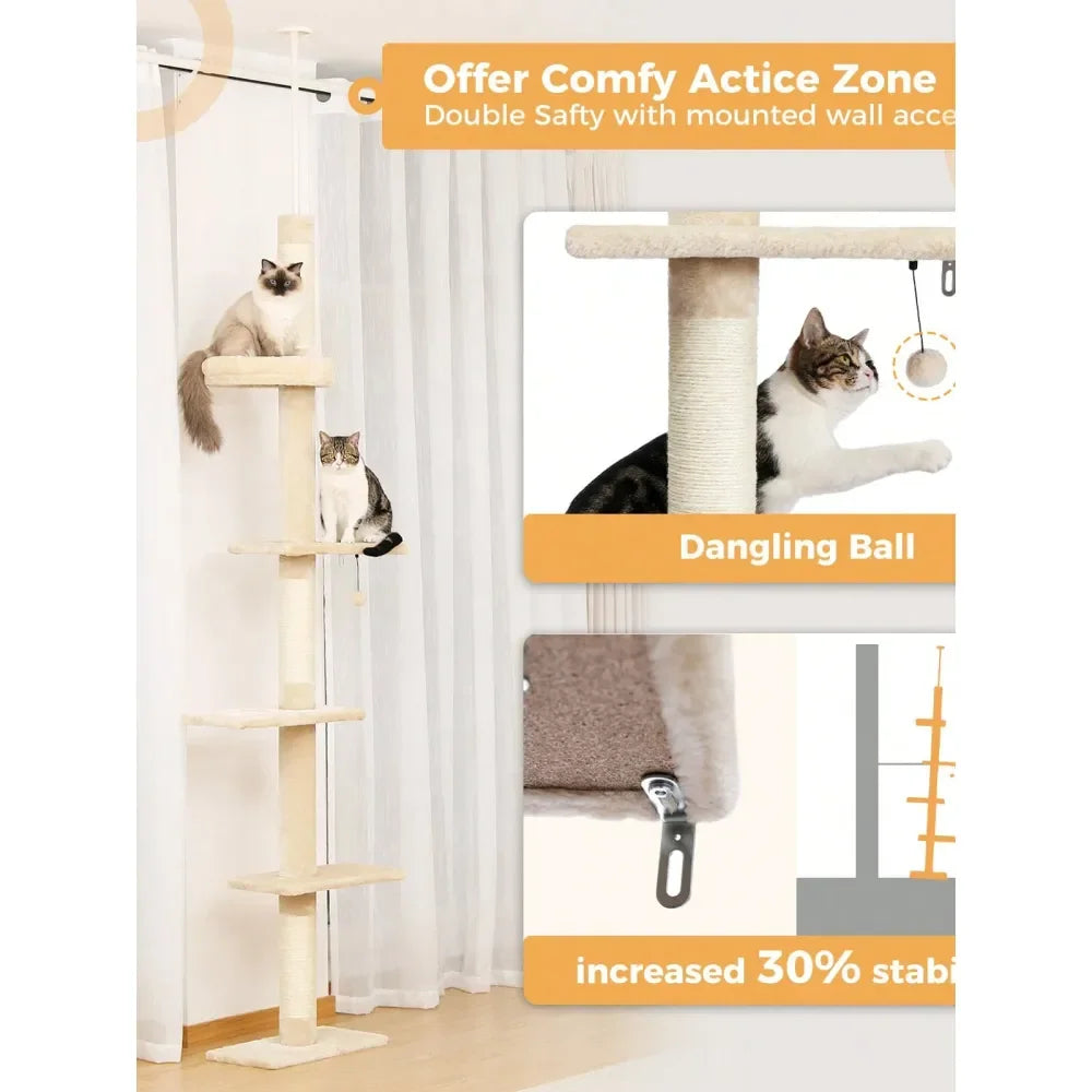 95107 Cat Tower 5Tier Floor To Ceiling Cat Tree Height Adjustable, Tall Climbing Tree Featuring With ching Post, Cozy Bed,