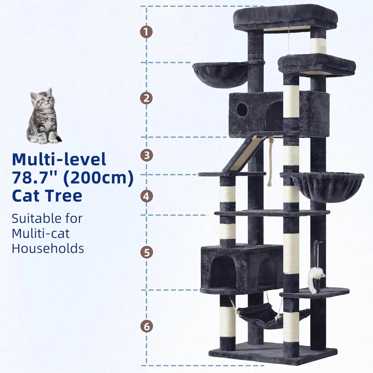 Tall Cat Tree for Large Cats with Perches and Hammock