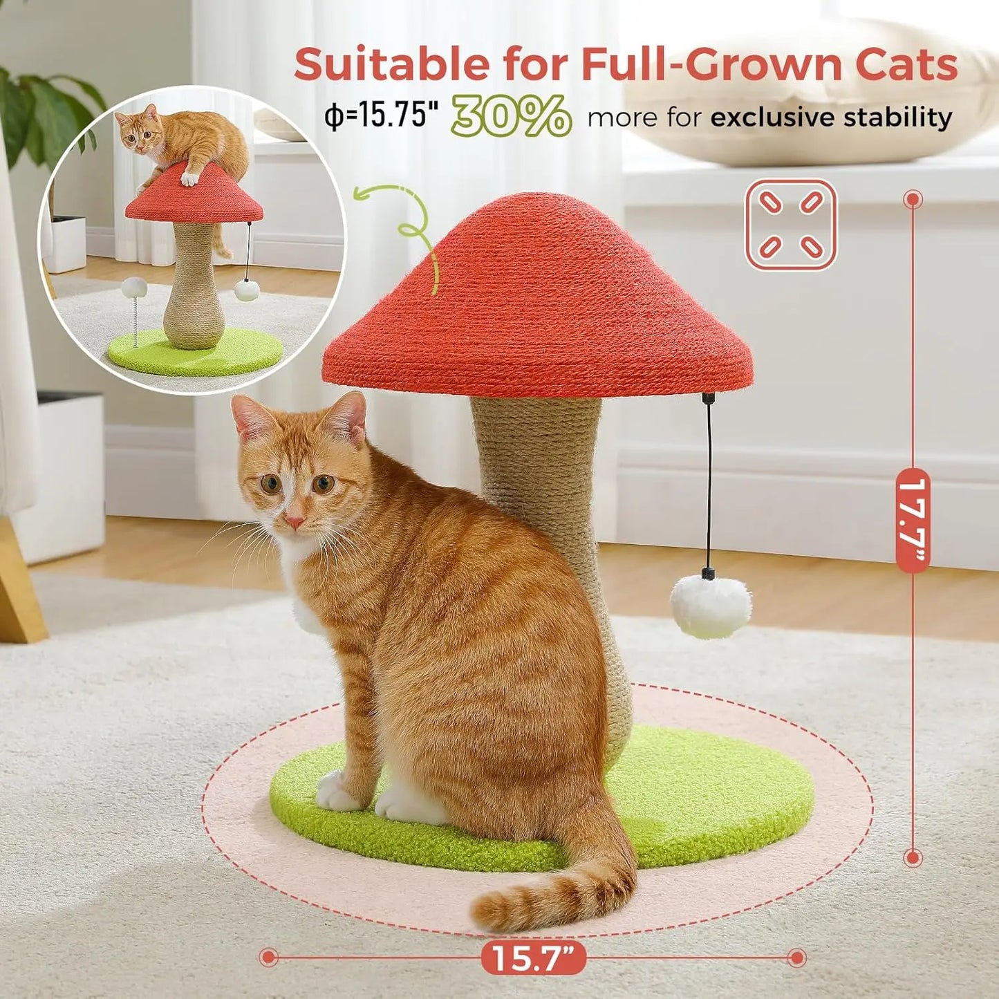 Mushroom Cat Scratching Post and Toy With Fully Sisal Cover