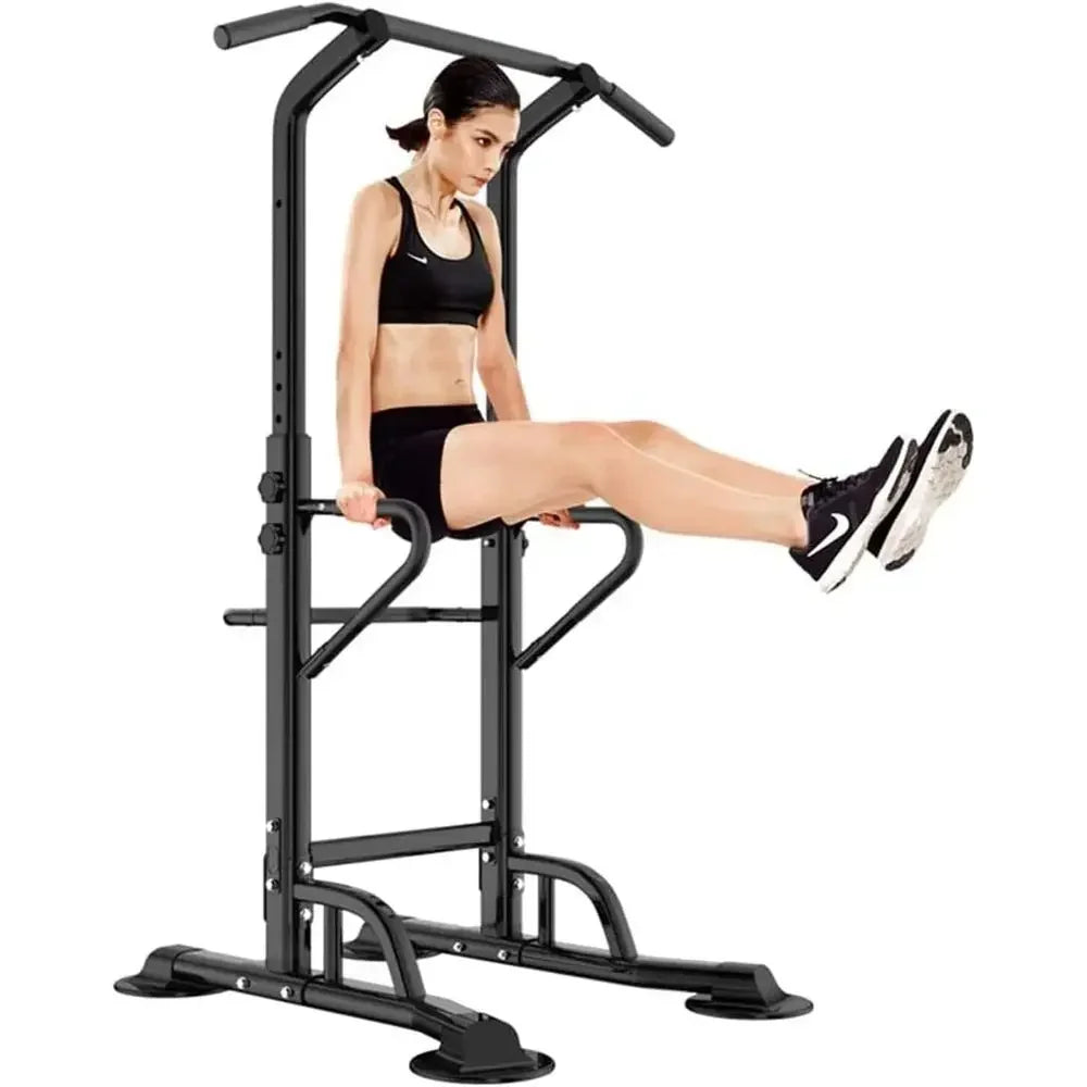 Adjustable Height Power Tower with Pull Up Bar and Dip Station - Multi-Function Strength Training Equipment for Home Gym (Black)