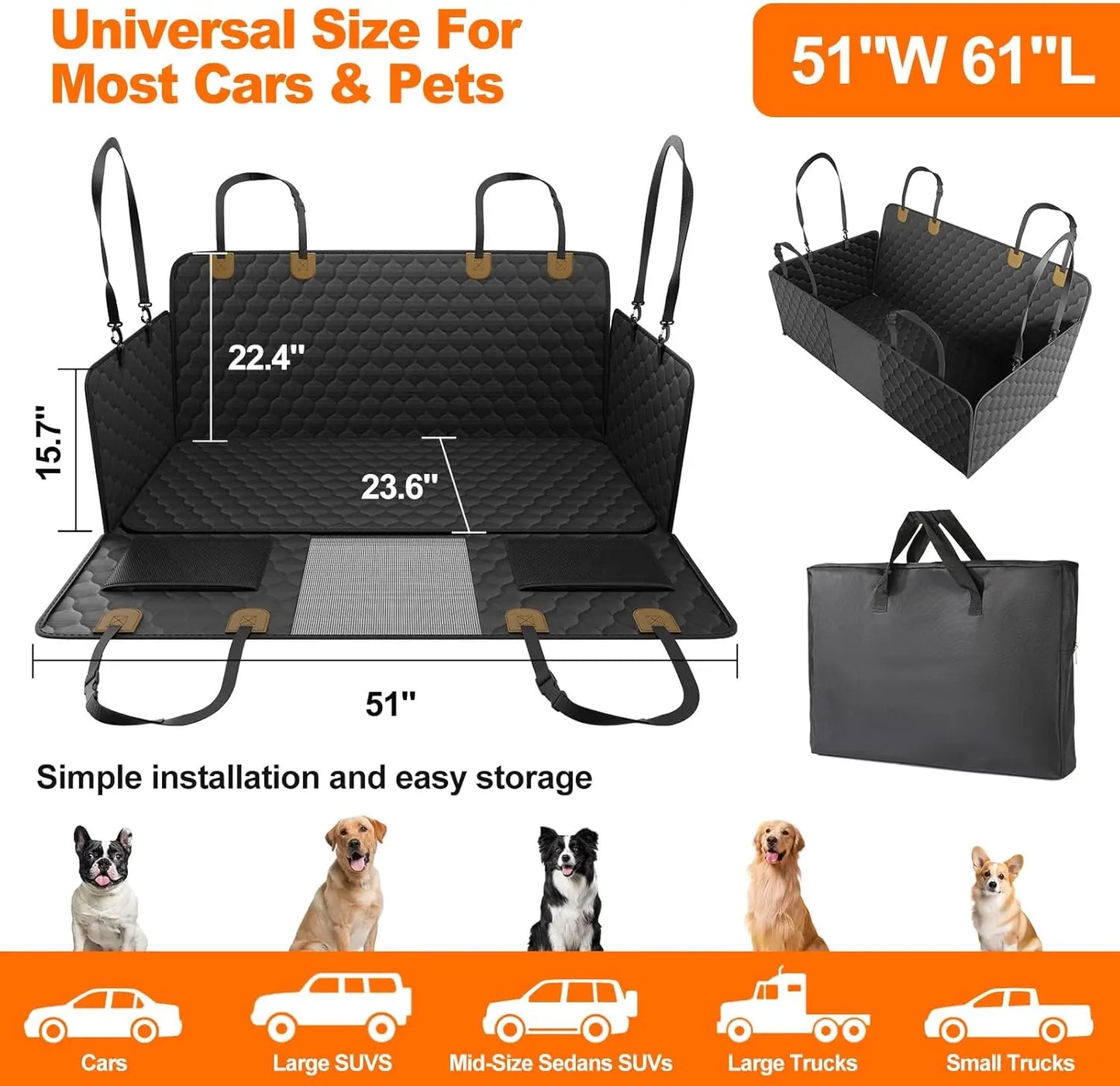 Wedyvko Waterproof Foldable Dog Car Seat Cover Hammock Back Seat Protector