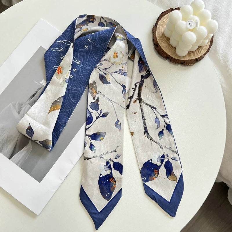 Fashion Floret Printed Hairband Silk Satin Bag Scarf For Women Skinny Long Wrist Ribbon Neck Scarves Hair Scarfs For Women