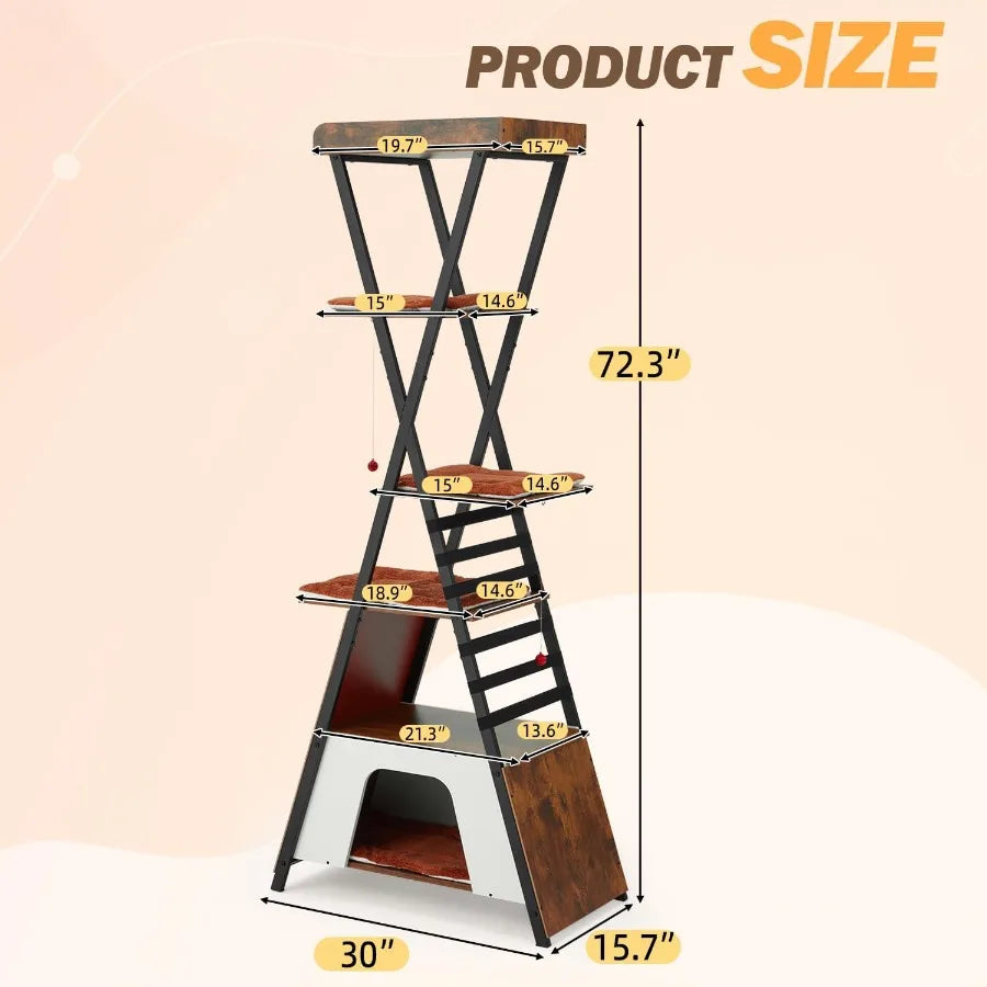 Modern Cat Tree With Sisal Scratching Board And Cozy Caves