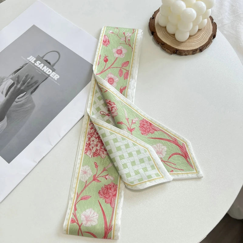 Fashion Floret Printed Hairband Silk Satin Bag Scarf For Women Skinny Long Wrist Ribbon Neck Scarves Hair Scarfs For Women