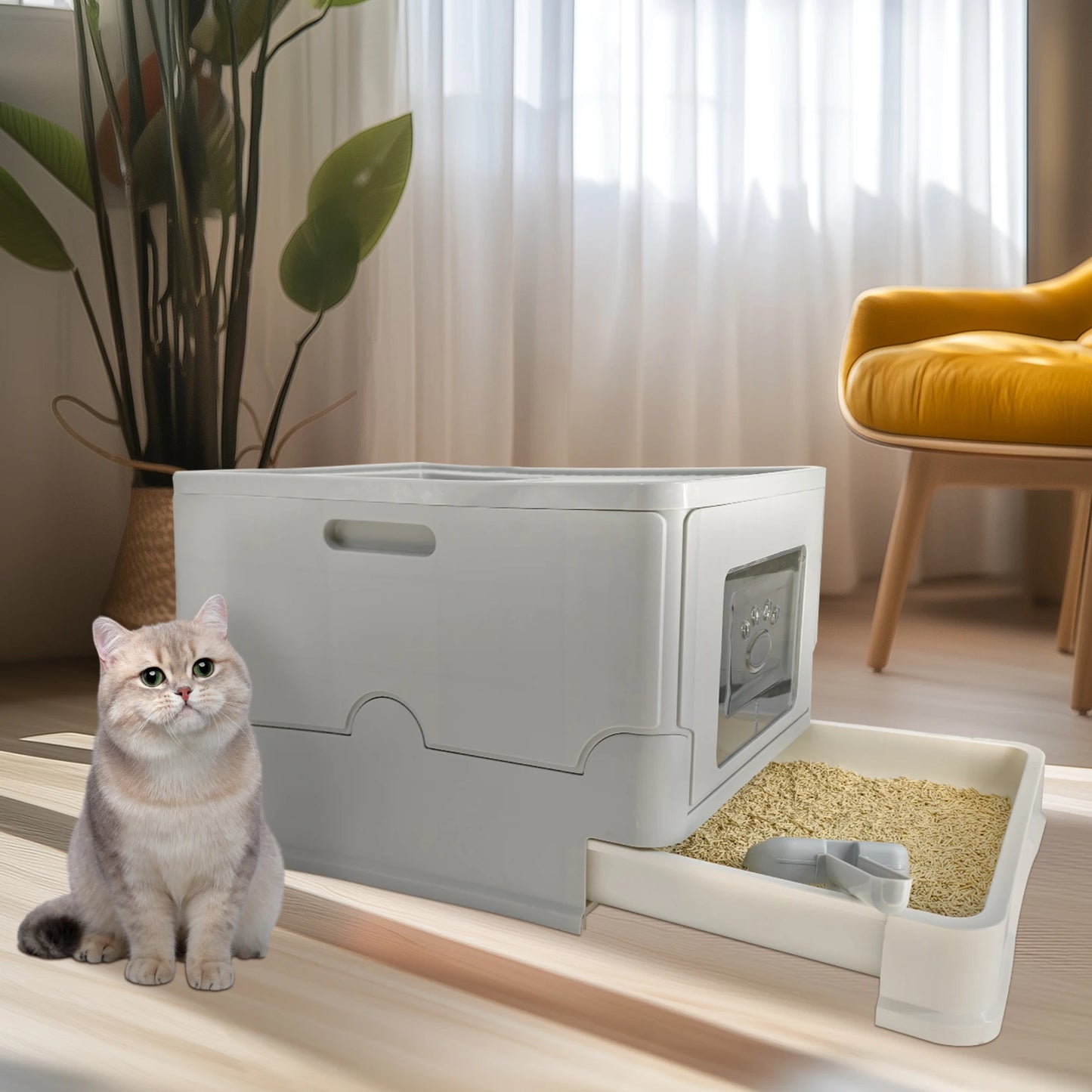 Large Enclosed Cat Litter Box With Lid And Scoop Stainless Steel
